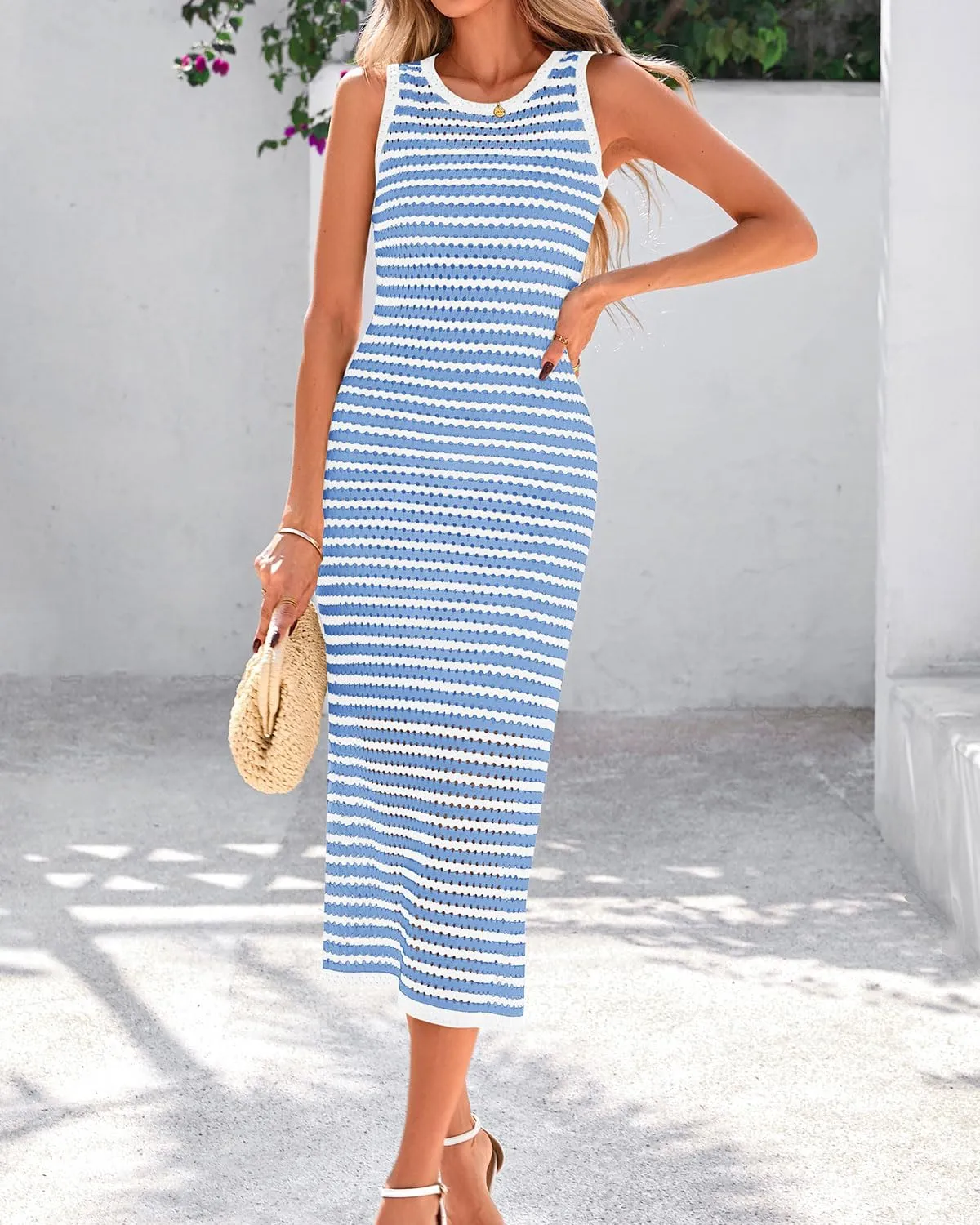Zenlonr Women's Sleeveless Summer Dresses 2025 Casual Crochet Knit Sundress Striped Long Tank Dress Beach Slip Dress