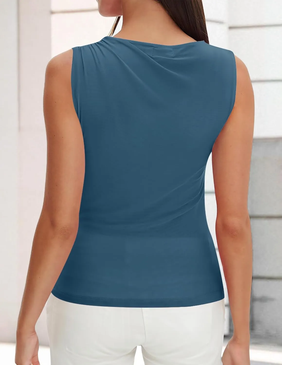 ZESICA Womens Mesh Tank Top Summer Sleeveless High Neck Ruched Slim Fitted Casual Tee Shirts