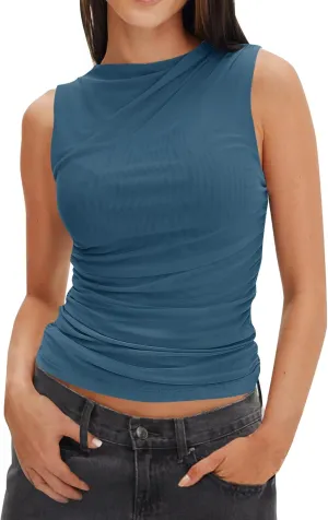 ZESICA Womens Mesh Tank Top Summer Sleeveless High Neck Ruched Slim Fitted Casual Tee Shirts