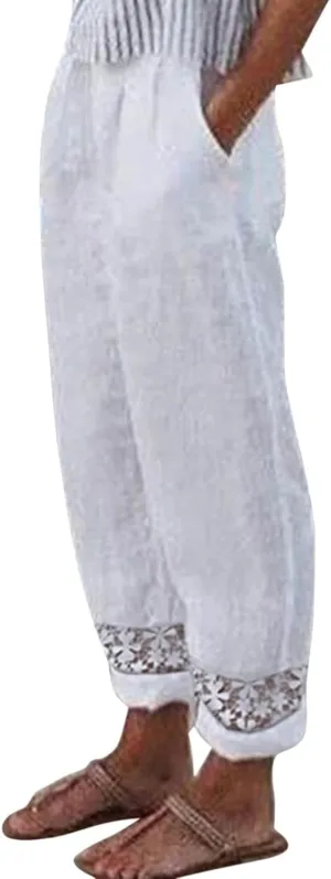ZOCAVIA Women's Cotton Linen Capri Pants Summer Lightweight Elastic Waist Palazzo Harem Pants Baggy Trousers with Pockets