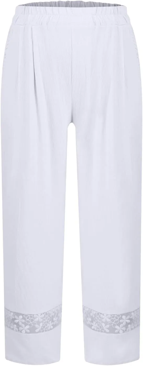 ZOCAVIA Women's Cotton Linen Capri Pants Summer Lightweight Elastic Waist Palazzo Harem Pants Baggy Trousers with Pockets