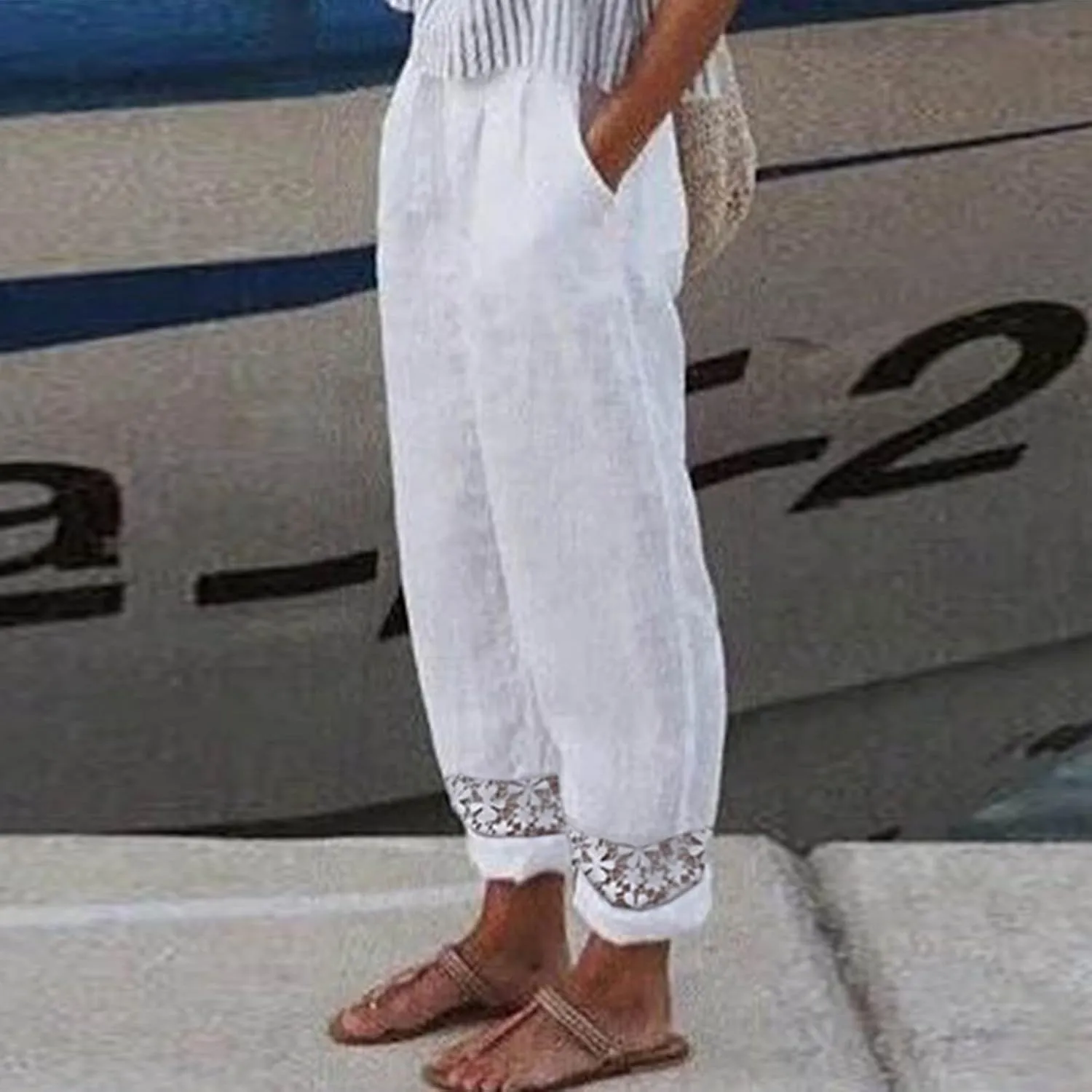 ZOCAVIA Women's Cotton Linen Capri Pants Summer Lightweight Elastic Waist Palazzo Harem Pants Baggy Trousers with Pockets