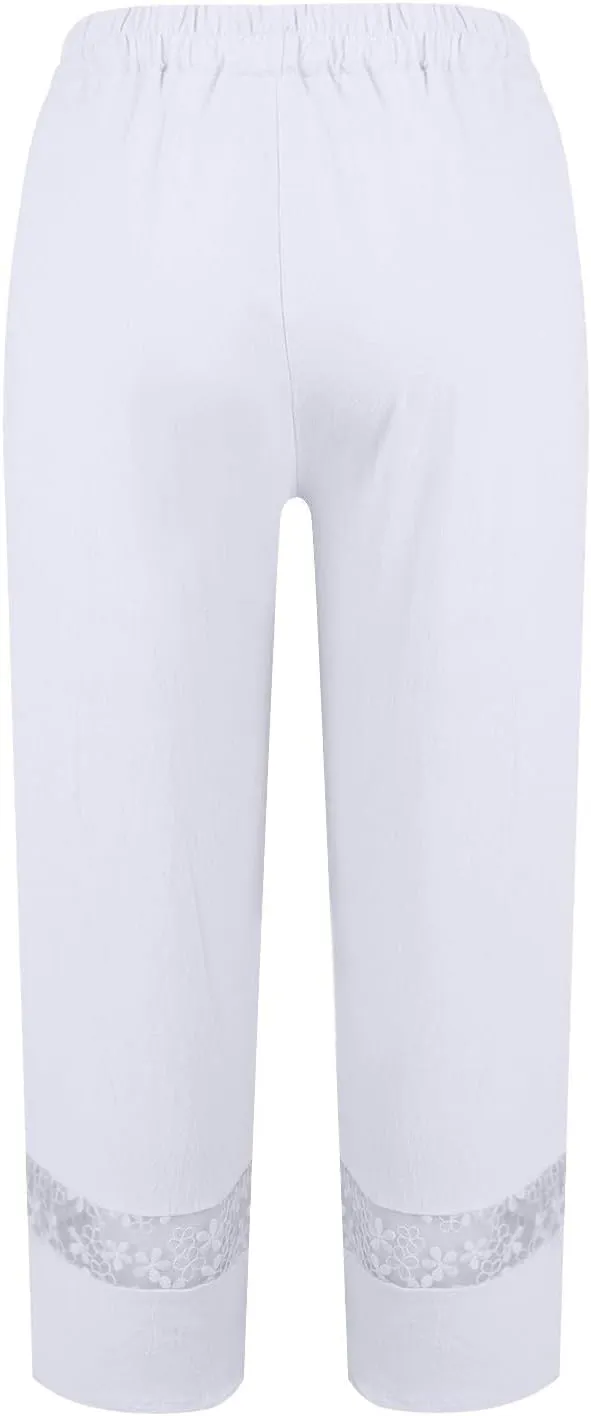 ZOCAVIA Women's Cotton Linen Capri Pants Summer Lightweight Elastic Waist Palazzo Harem Pants Baggy Trousers with Pockets