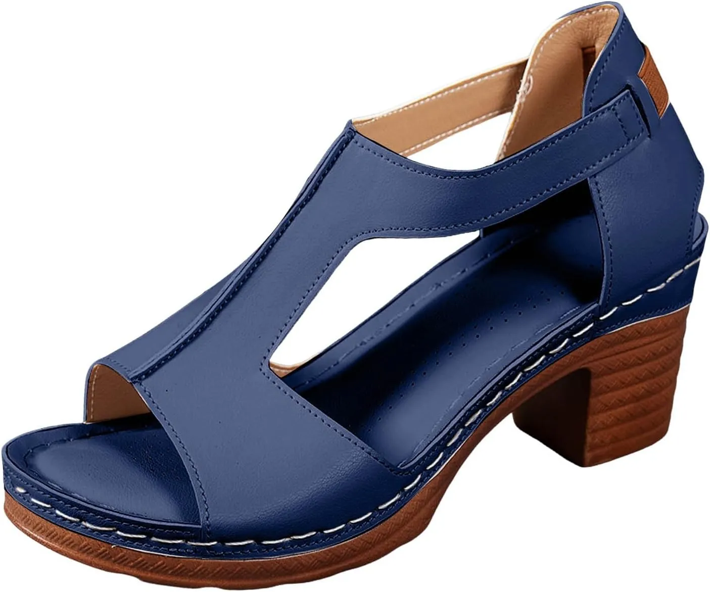 ZSpzx Chunky Heels Sandals for Women 2025 Dressy T-Strap Cutout Comfortable Block Sandal Buckle Mid Heeled Orthopedic Elastic Ladies Cushion Footbed Casual Shoes for Party Wedding Walking Vacation