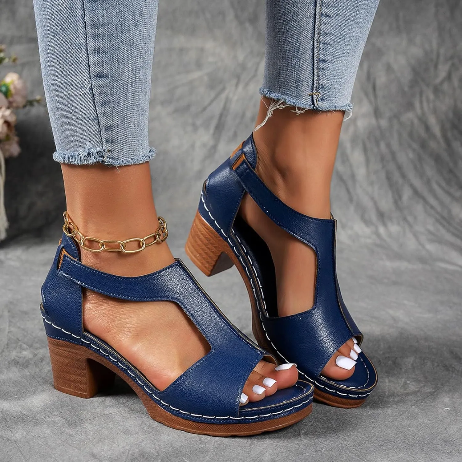 ZSpzx Chunky Heels Sandals for Women 2025 Dressy T-Strap Cutout Comfortable Block Sandal Buckle Mid Heeled Orthopedic Elastic Ladies Cushion Footbed Casual Shoes for Party Wedding Walking Vacation