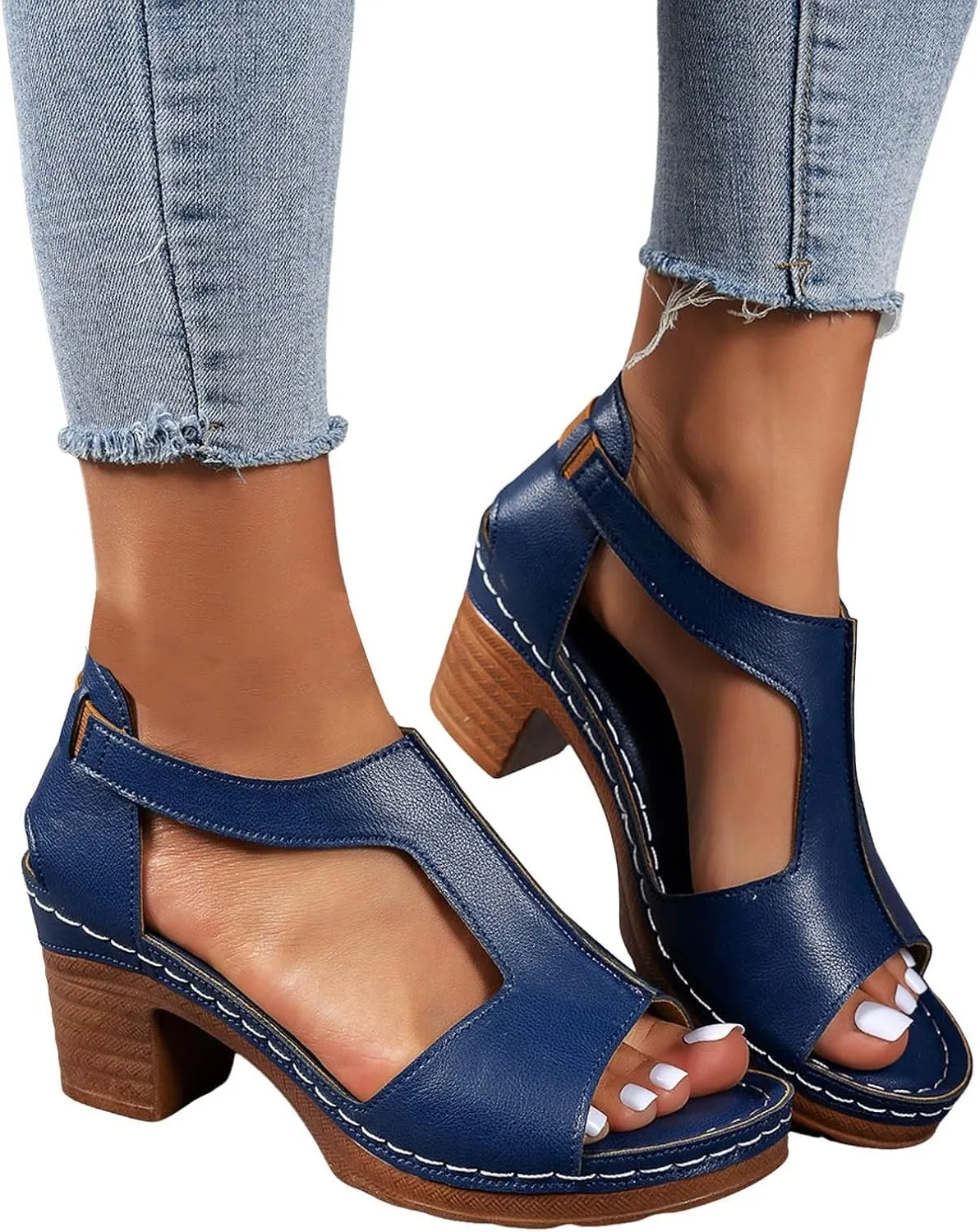 ZSpzx Chunky Heels Sandals for Women 2025 Dressy T-Strap Cutout Comfortable Block Sandal Buckle Mid Heeled Orthopedic Elastic Ladies Cushion Footbed Casual Shoes for Party Wedding Walking Vacation