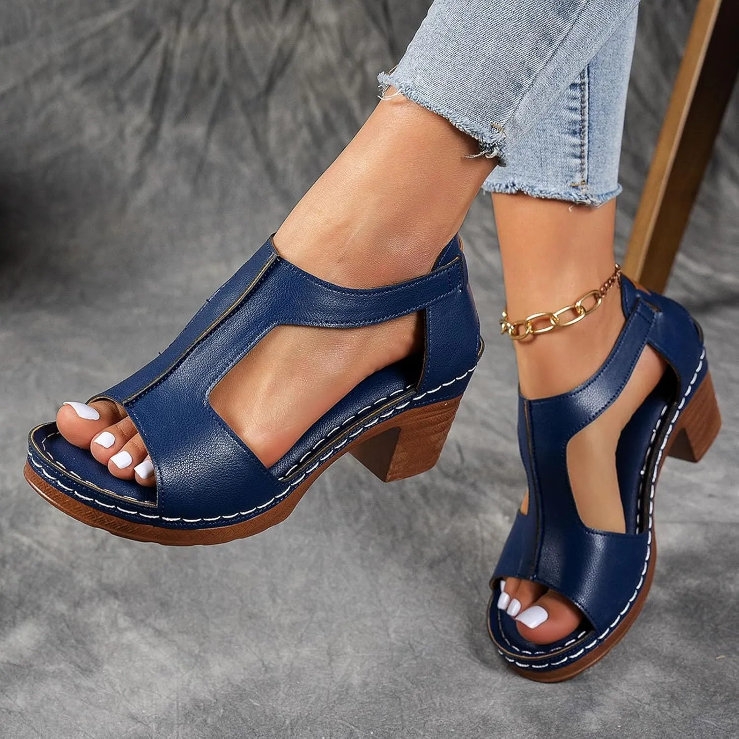 ZSpzx Chunky Heels Sandals for Women 2025 Dressy T-Strap Cutout Comfortable Block Sandal Buckle Mid Heeled Orthopedic Elastic Ladies Cushion Footbed Casual Shoes for Party Wedding Walking Vacation